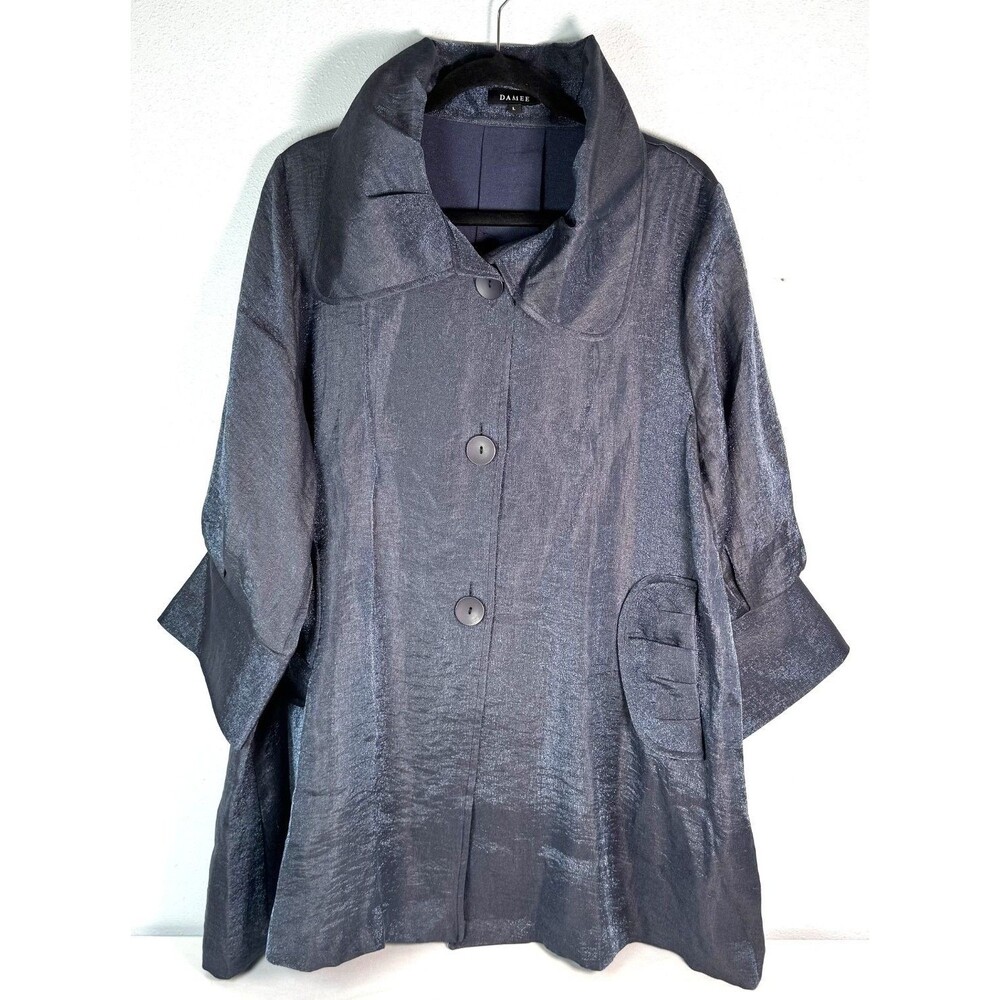 Damee Art to Wear Jacket Womens L Navy Shimmer Swing Button Front Pockets